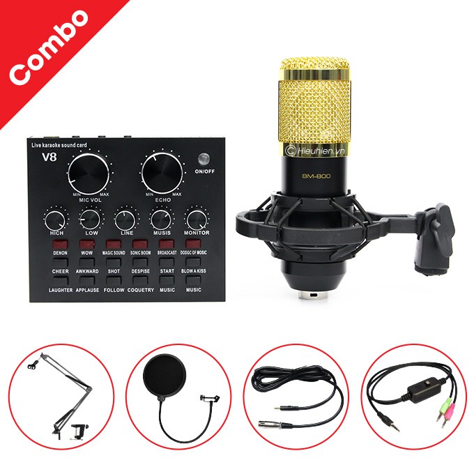 combo Míc Hát Karaoke Livestream Online BM900 SoundCard V8