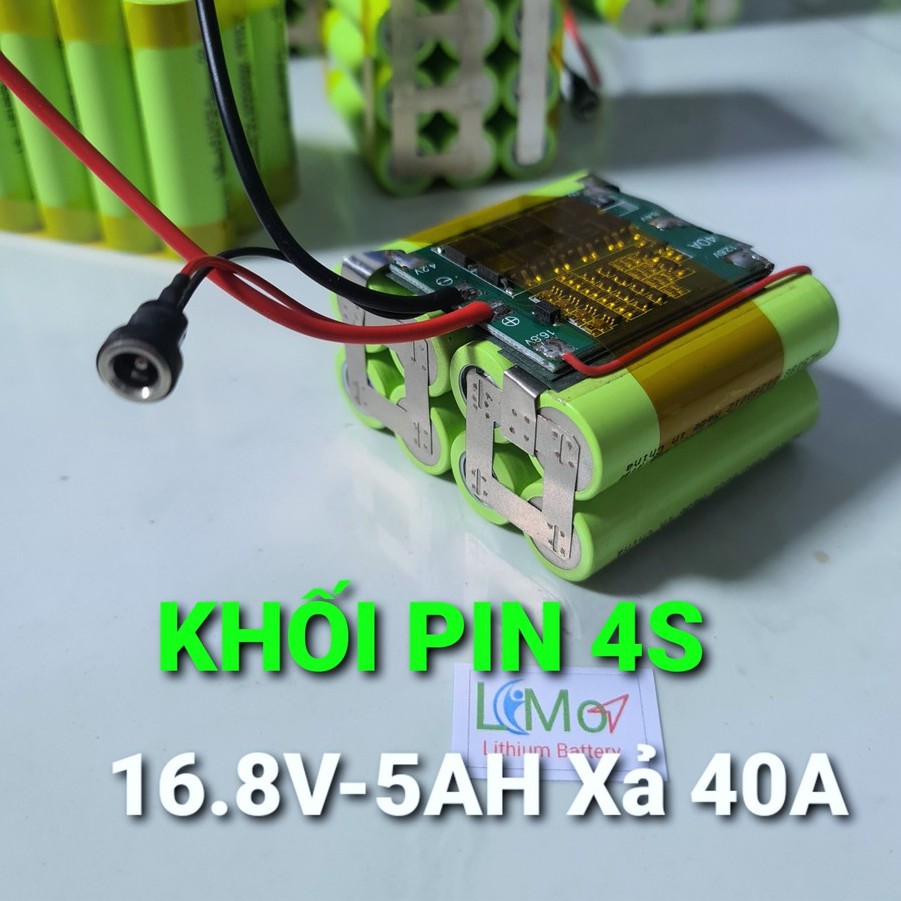 Khối pin 4S 16.8V 5AH / 40A. Khối pin 16.8v đóng sẵn + mạch sạc xả 40A và được bọc màng co đầy đủ - LiMo