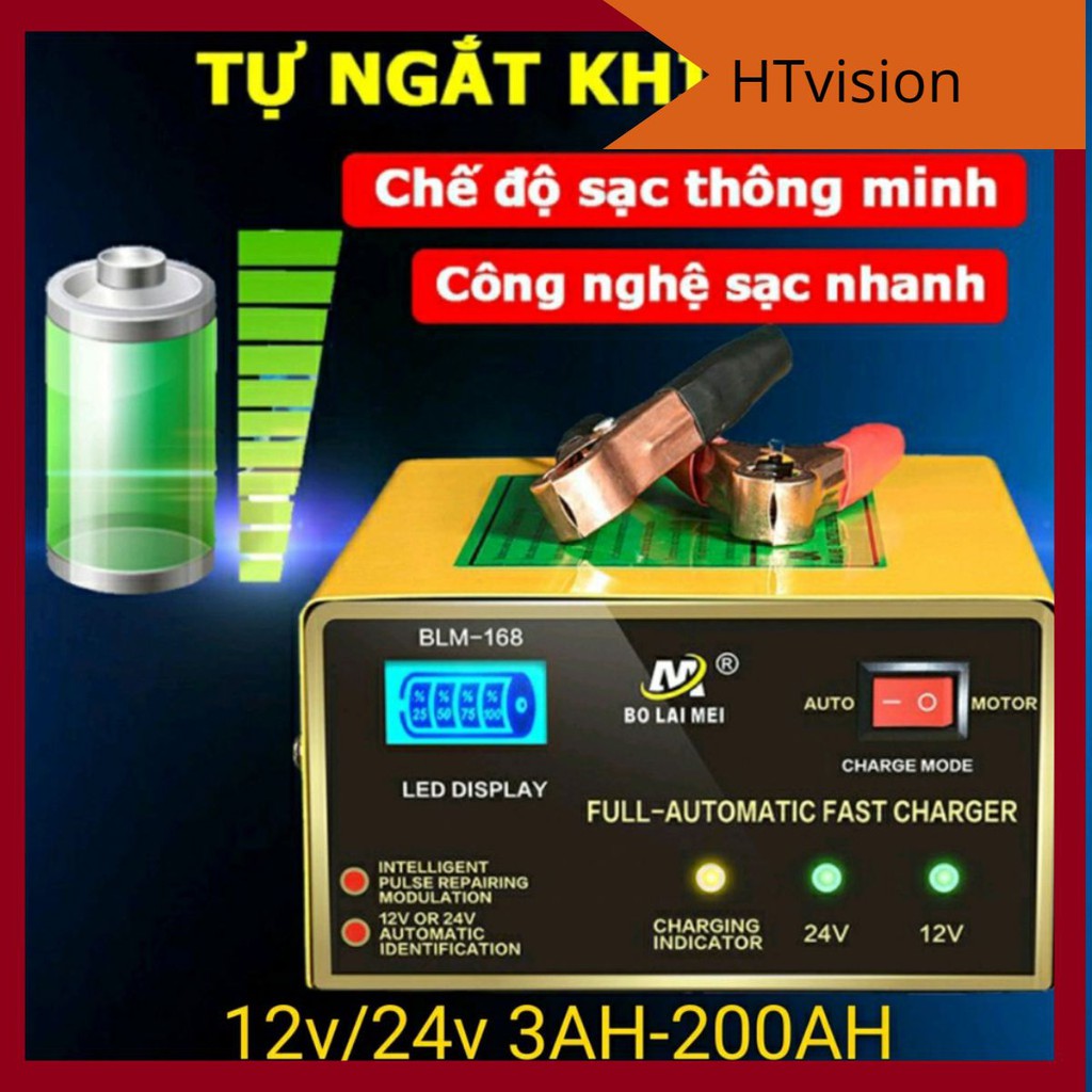 Bộ sạc ắc quy 12v/24v 3AH - 200ah BT-168 máy sạc bình xe máy ôtô xe tải thông minh tự động ngắt khi đầy điều chỉnh dòng