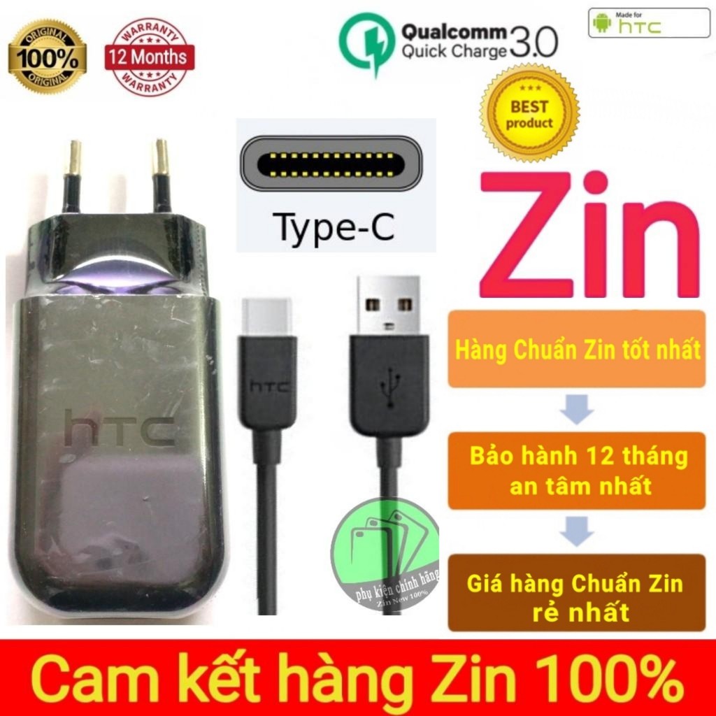 Củ sạc và Cáp Sạc Nhanh (Quick Change 3.0) cho HTC U11,U Ultra Chính Hãng- BH 1 năm