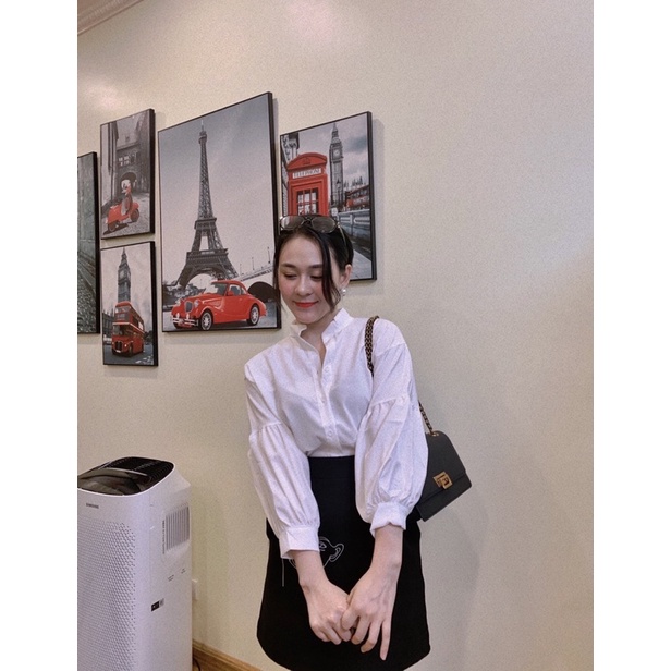 Áo sơ mi nữ cổ tàu dáng rộng tay bồng tiểu thư