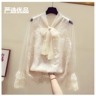 Áo sơ mi trắng phối ren thắt nơ xinh xắn