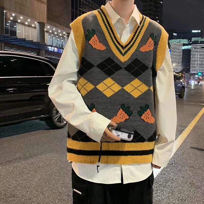 Áo Len From Rộng Thời Trang Nam Len Sọc Áo Cardigan Nâu Áo Sweater Dệt Kim Sát Nách Kiểu Nhật Hàn Cá Tính Cho Nam
