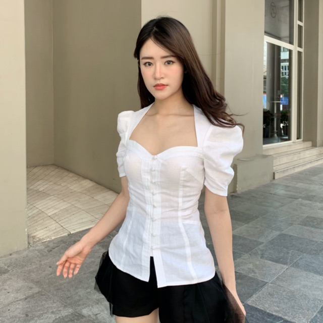 Áo Linen tay bồng chiết eo