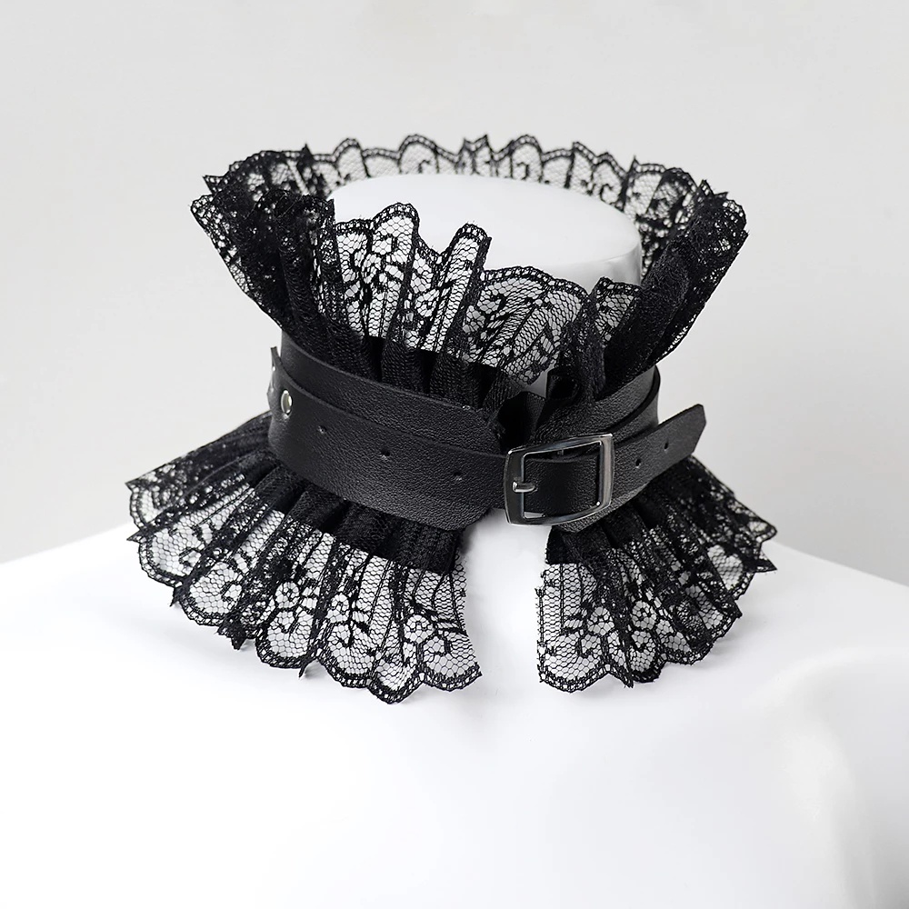 Vòng Cổ Choker Bằng Da Đen Phối Ren Phong Cách Gothic Cổ Điển