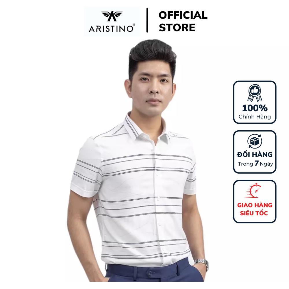 Áo sơ mi công sở nam ngắn tay Aristino màu trắng sọc ngang xanh dáng slim fit tà lượn vải sợi sồi chính hãng ASS051S9