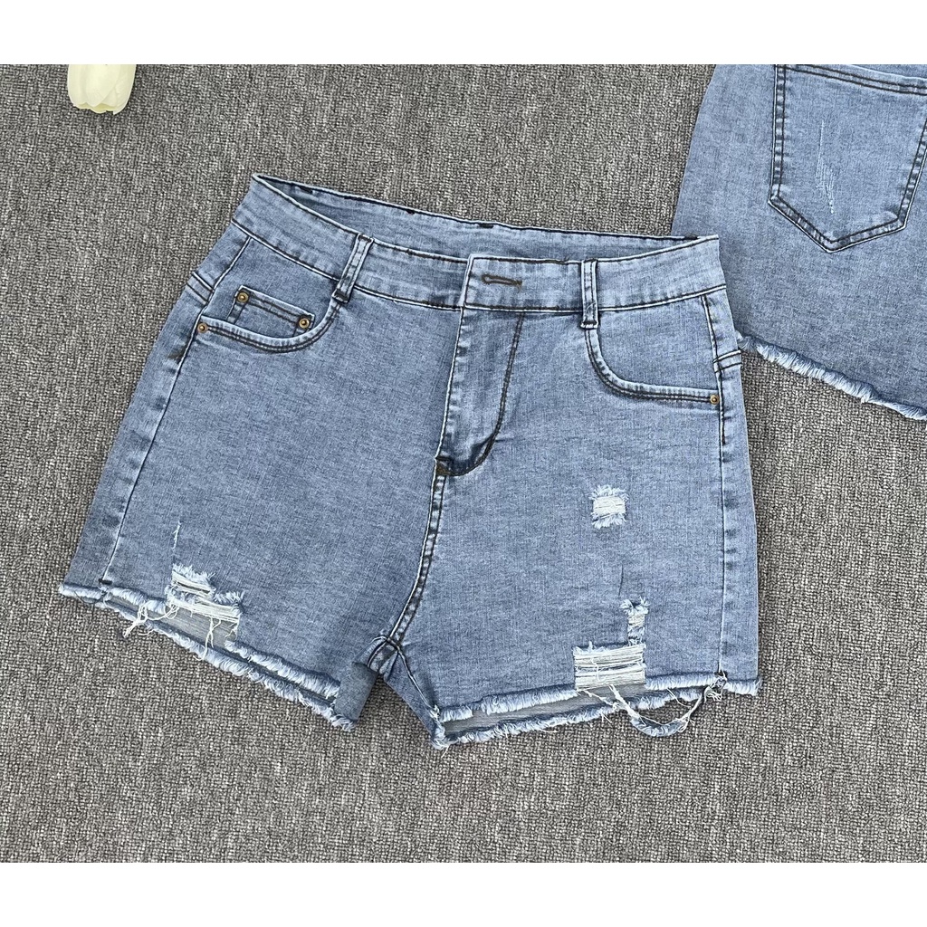 Quần short jean BigSize lưng cao trên rốn, co dãn mạnh, tua lai, màu Xanh rách bụi dành cho người mập 4342 MLJ 60kg-90kg