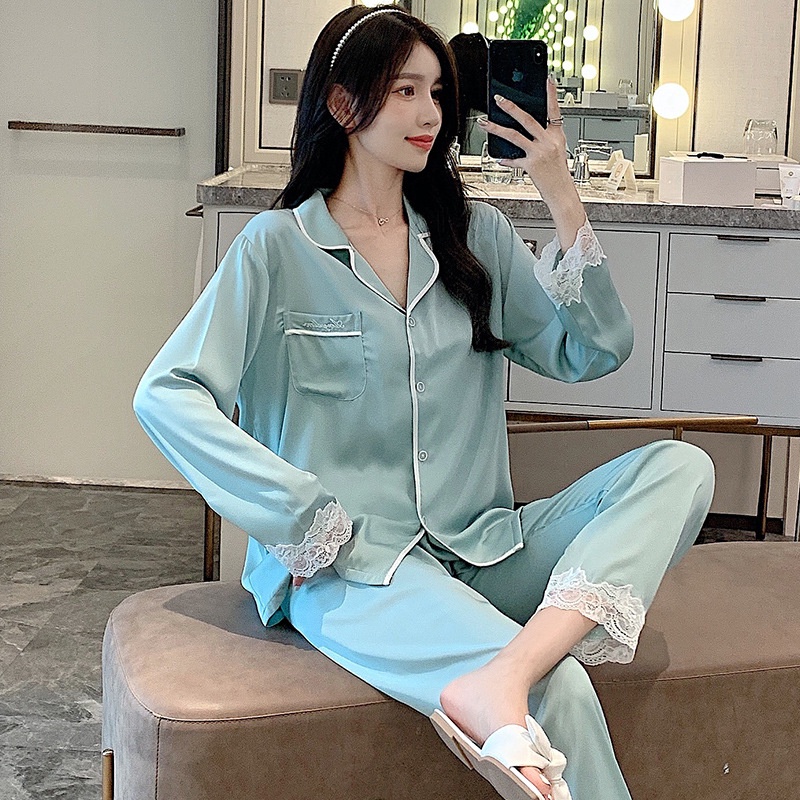 Set đồ ngủ dài tay thiết kế mới phối ren thời trang mùa xuân thu dành cho nữ