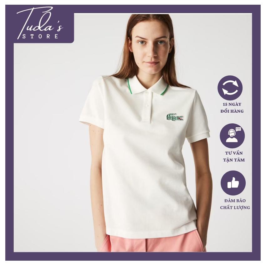 Áo thun Polo nữ phong cách Basic, cổ áo có đường viền tương phản và huy hiệu cá sấu sọc mới