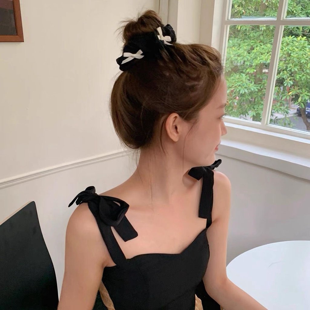 Scrunchies cột tóc vải nhúng nơ 2 màu trắng đen phong cách tiểu thư cho nữ S26