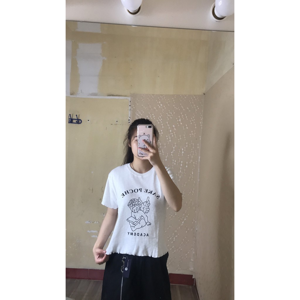 Áo croptop nữ Bape in hình sake cộc tay ôm body cổ tròn ( màu trắng) dáng ulzzang