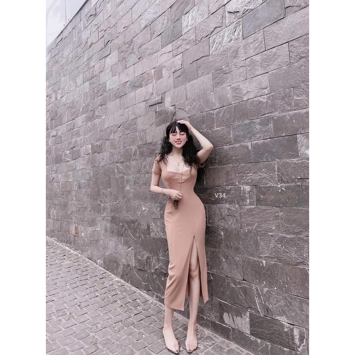 Đầm body xẻ tà cổ vuông cực tôn dáng, váy dáng dài chất thun gân co giãn tốt, phù hợp diện mọi hoàn cảnh | BigBuy360 - bigbuy360.vn