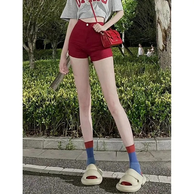 Quần Short Denim Mỏng Dáng Chữ A Lưng Cao Co Giãn Phong Cách Đường Phố Mỹ
