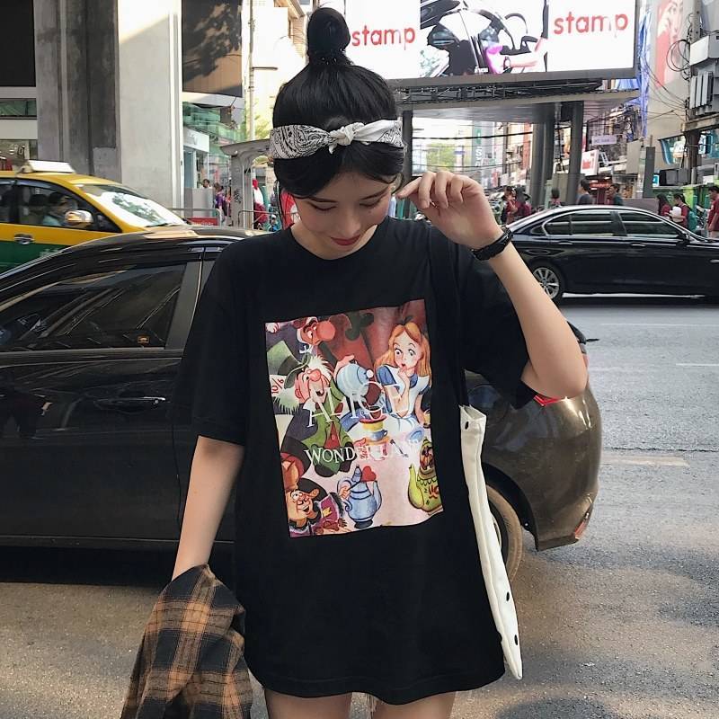 [L&Q]                         100% cotton Korean tops anime Snow White Seven Dwarfs printed oversized shirt for women