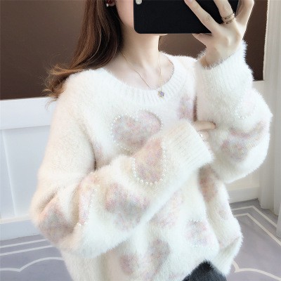 Áo len nữ đẹp, Áo len nữ dáng rộng lông xù mềm mượt, Phối họa tiết chấm bi cá tính