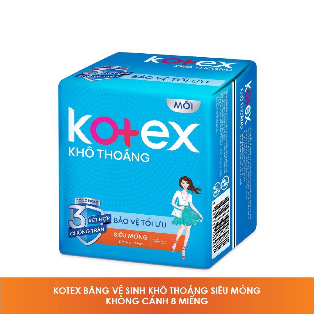 Băng vệ sinh Kotex khô thoáng siêu mỏng không cánh gói 8 miếngx23cm