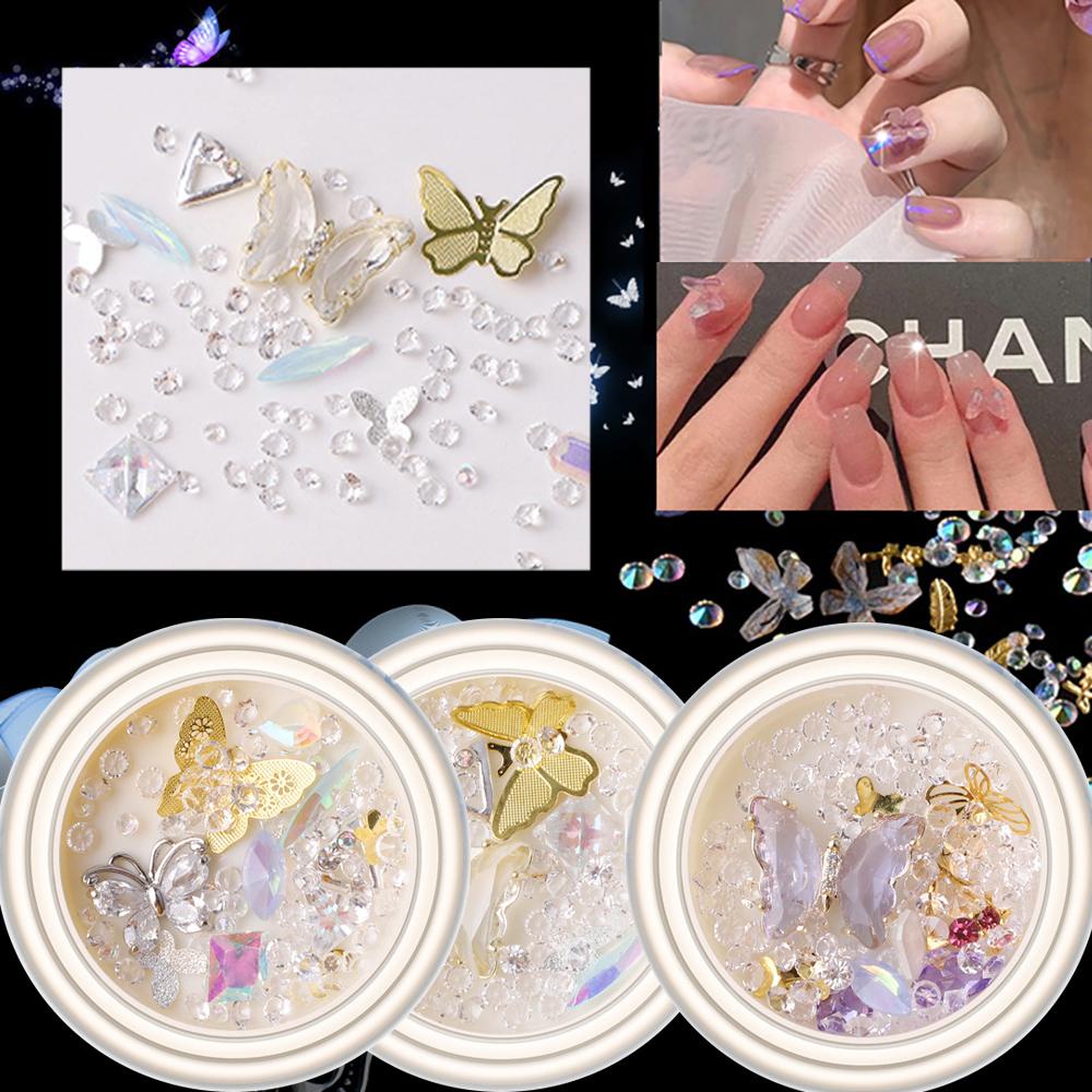 AROMA Phụ Kiện Trang Trí Móng Tay Hình Hoa Bướm 3D Bằng Hợp Kim Lấp Lánh