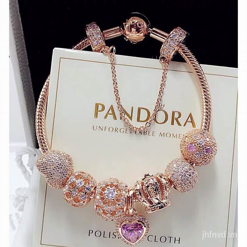 Vòng tay mạ bạc 925 phối màu hồng Pandora phong cách cổ điển kèm hộp phù hợp làm quà tặng cho bạn gái