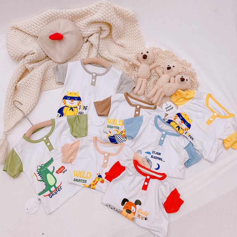 Bộ quần áo Cộc Tay Cổ Phối (chất thun lạnh co giãn) In hình siêu dễ thương Minkymom cho bé