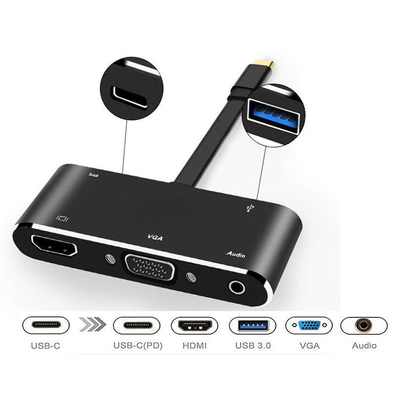 Bộ chuyển đổi hub 5 trong 1 Type C to USB3.0 / HDMI / VGA / Audio / Type-C 5 in 1