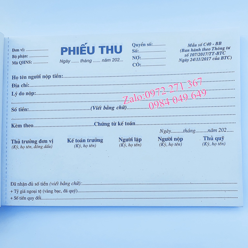 Phiếu thu, Phiếu chi A5 2 liên 60 tờ, 100 tờ