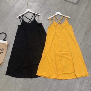 Váy maxi nữ,đầm 2 dây nữ đan lưng chất đũi xinh xắn