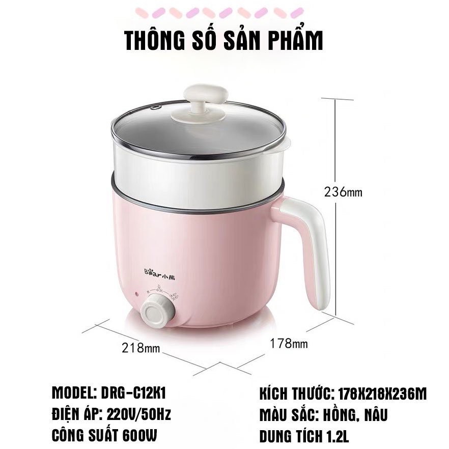 (CHÍNH HÃNG) Nồi điện mini đa năng BEAR 2 tầng chống dính dùng để hấp, hầm cháo, nấu mỳ, lẩu, chiên rán - Công suất 600W