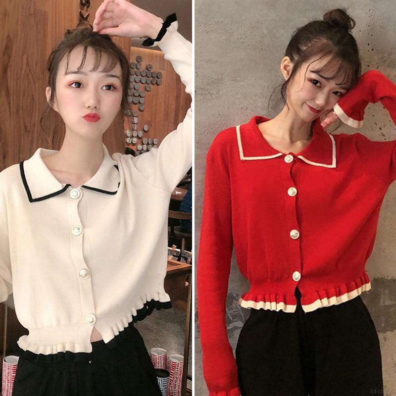 Áo cardigan có hàng nút đơn phối nhún bèo màu sắc thời trang