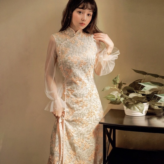 [Ảnh thật/Order] Sườn xám cách tân tiểu thư. Sườn xám pha ren xẻ tà ôm body