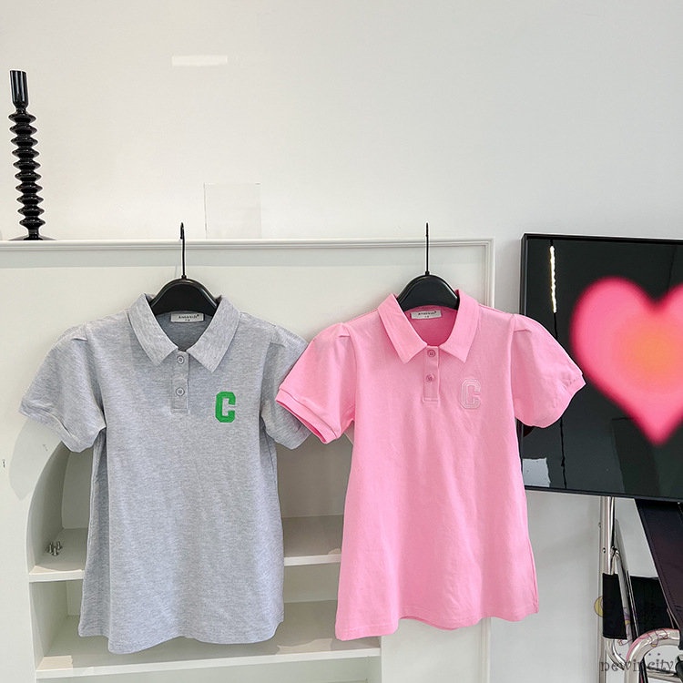 Đầm Tay Ngắn Cổ Bẻ Thêu Chữ Đáng Yêu Thời Trang Phong Cách Hàn Quốc Cho Bé Gái