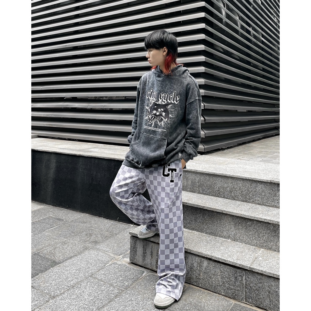 Quần dài ống rộng họa tiết kẻ ô chess board City Cycle unisex form suông cạp chun nam nữ oversize Local Brand