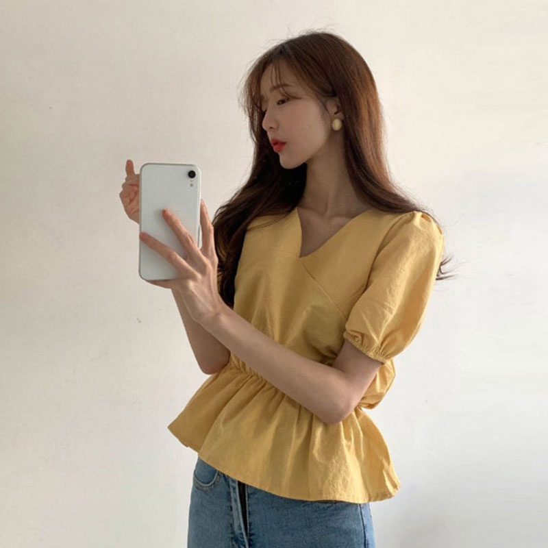 IELGY Áo Sơ Mi Tay Ngắn Chiết Eo Phong Cách retro Phương Tây Dành Cho Nữ