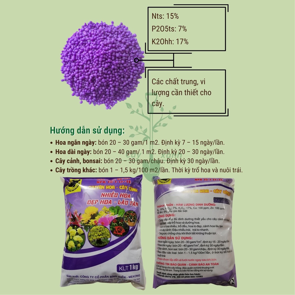 Phân bón Đầu Trâu NPK chuyên cho hoa, cây cảnh 15-7-17+TE