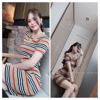 Váy body kẻ bbr cổ bẻ 2 màu phối