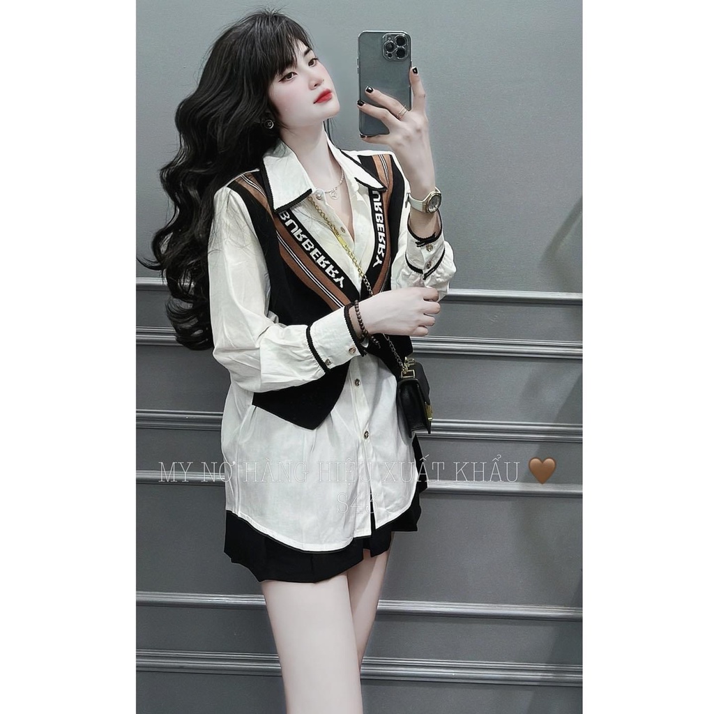 SET ÁO GHILE SƠ MI TRẮNG VIỀN TAY BO LEN PHỐI MÀU SIÊU SANG CHẢNH