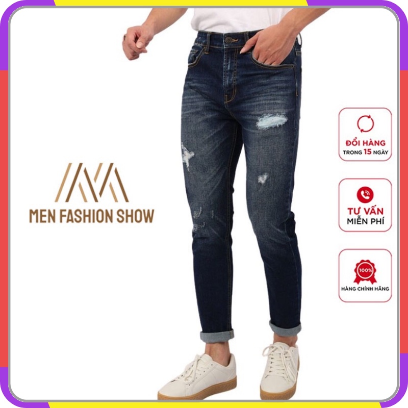 Quần jean nam rách Men Fasshion Show quần jean nam slimfit ống bó co giãn màu xanh - 2147