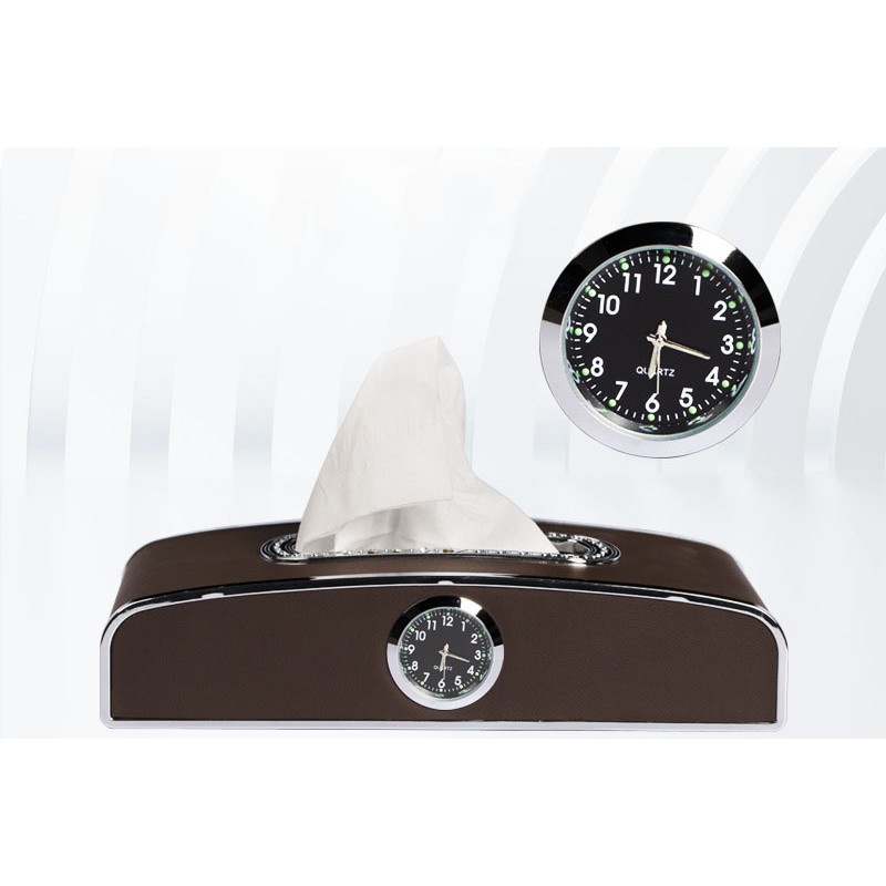 Hộp đựng giấy ăn trên ô tô có đồng hồ và bảng số điện thoại, chất liệu da cao cấp (Tặng kèm miếng dán)