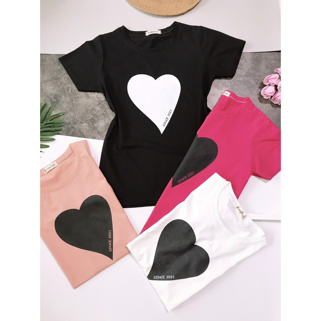 Áo thun nữ thun thái form vừa người chất siêu mát in hình trái tim dưới 65kg