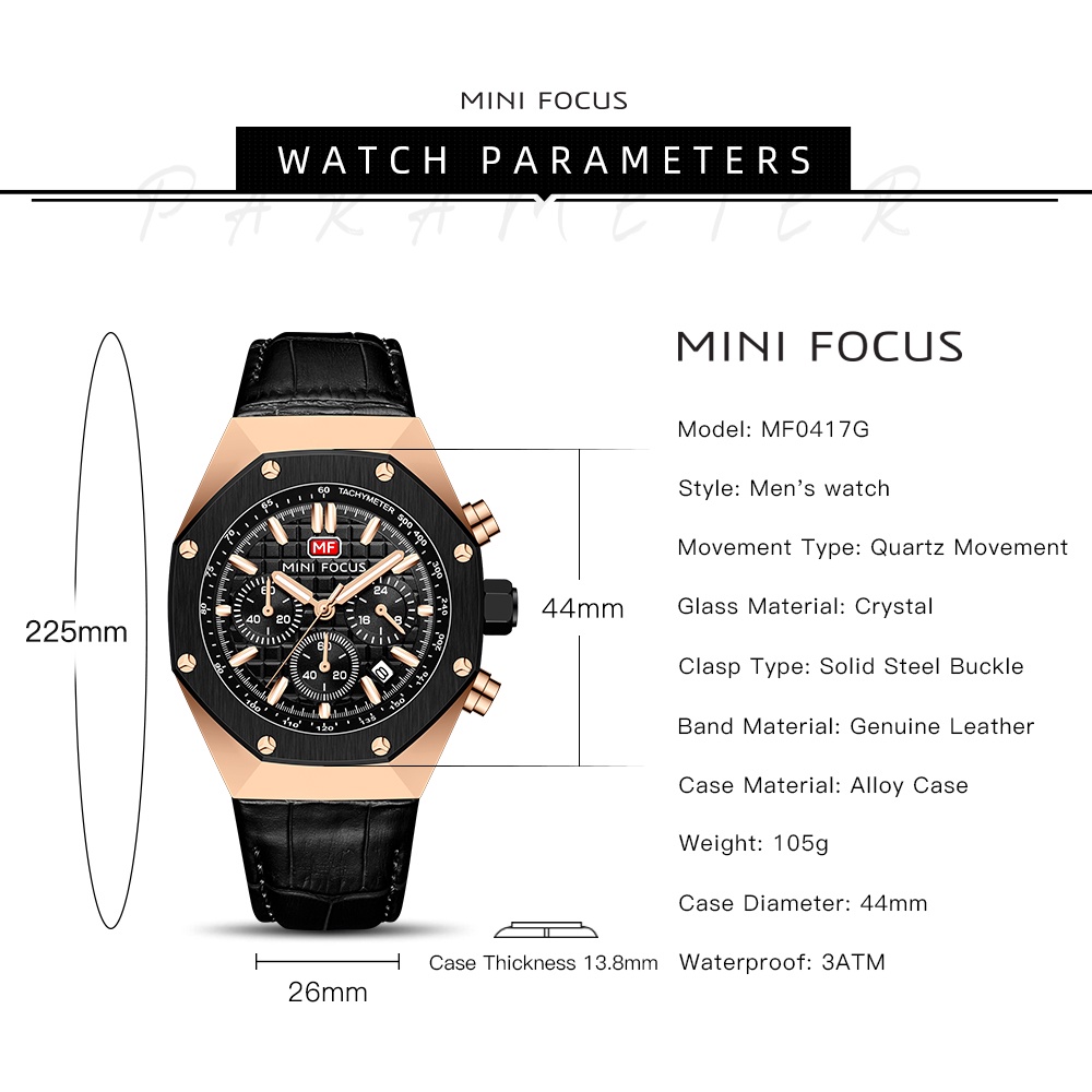MINI FOCUS Đồng Hồ Đeo Tay Mặt Đa Giác Dây Da Chống Nước Dành Cho Nam