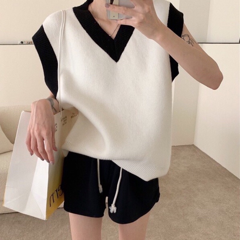 Áo gile trắng đen