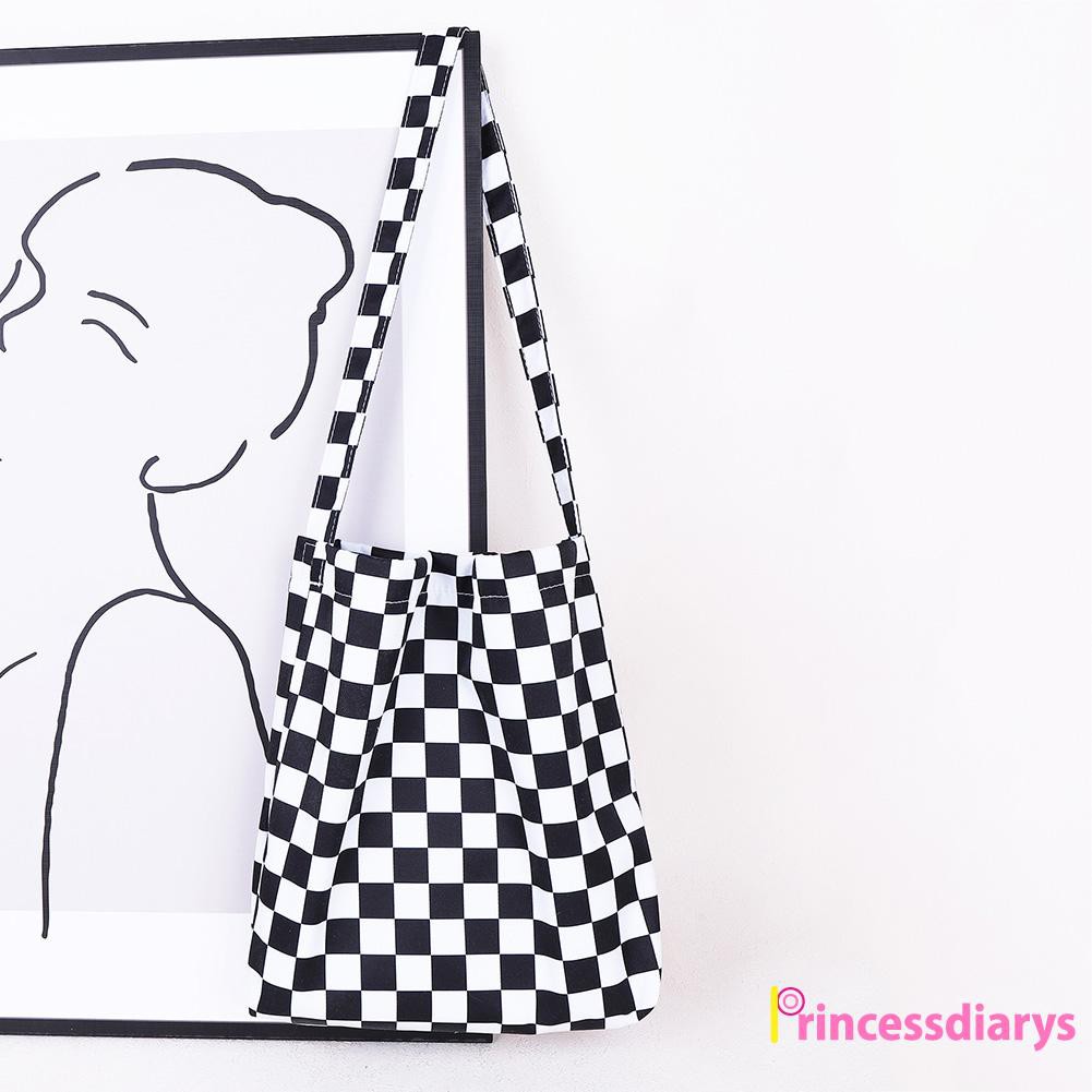 Fashion Women Checkerboard Butterfly Print Canvas Shopping Bag Tote Handbag