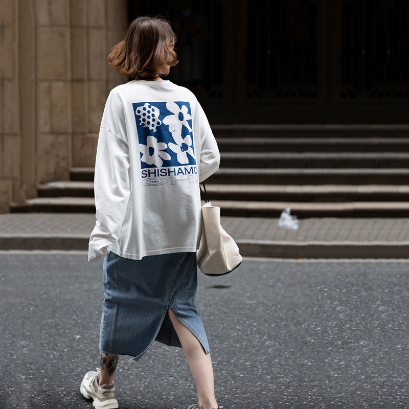 Áo Thun 100% Cotton Tay Dài Dáng Rộng In Họa Tiết Sau Lưng Thời Trang Cho Nữ