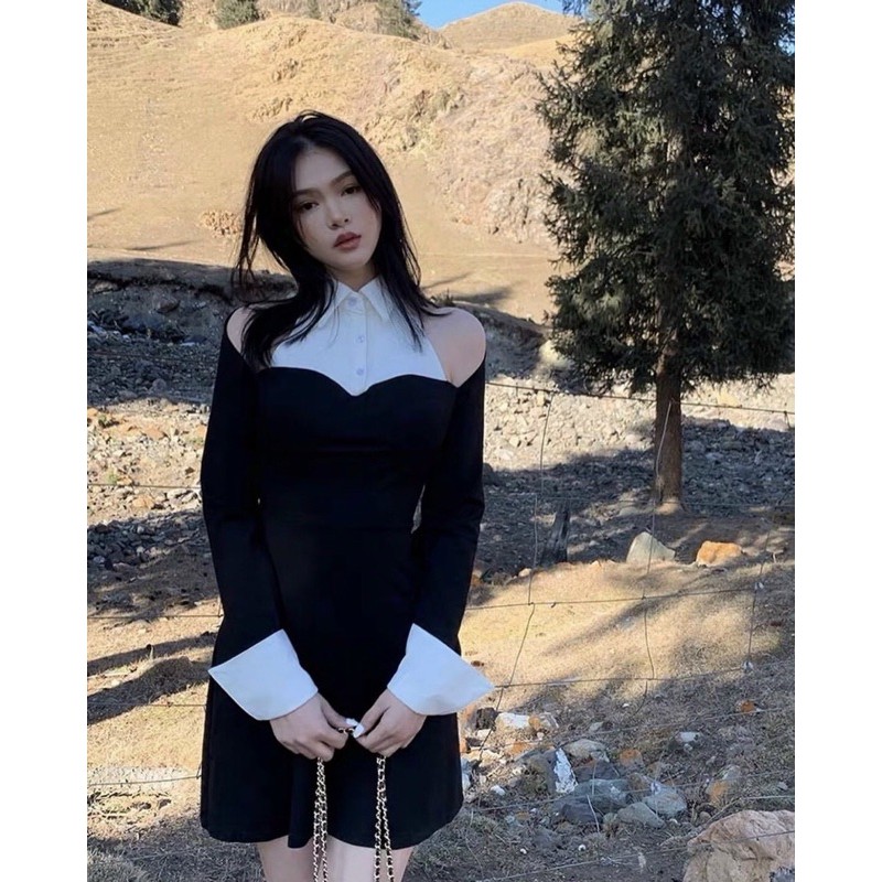 ĐẦM PHỐI TAY CỔ SƠMI CUT OUT VAI SIÊU XINH KÈM ẢNH RHAJAT