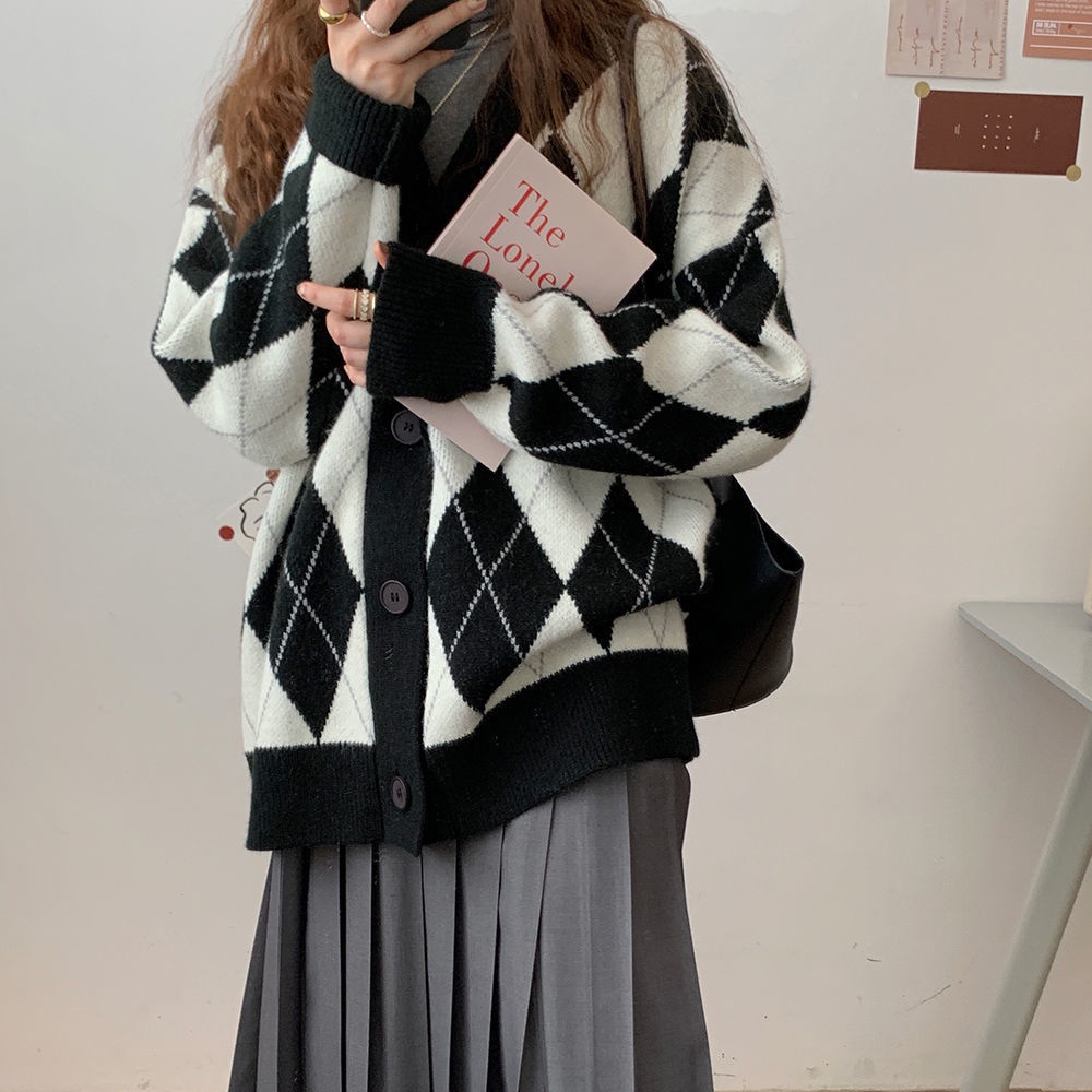 Áo khoác cardigan dệt kim dáng rộng họa tiết kim vương thời trang thu đông cho nữ