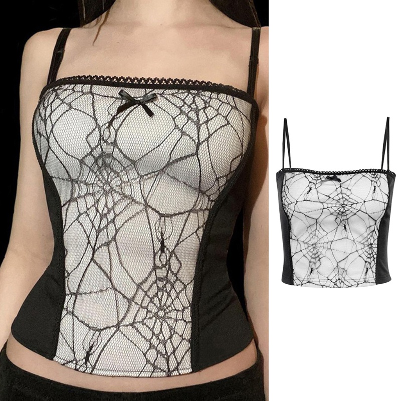 Áo Croptop Không Tay Phối Lưới Màu Sắc Tương Phản Phong Cách Vintage Dành Cho Nữ
