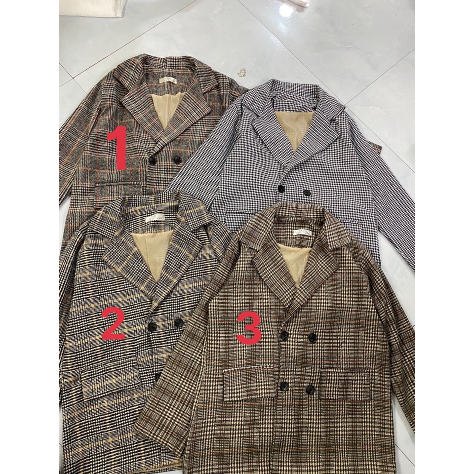 Áo vest dạ dài tay 2 lớp 4 cúc, áo blazer kẻ