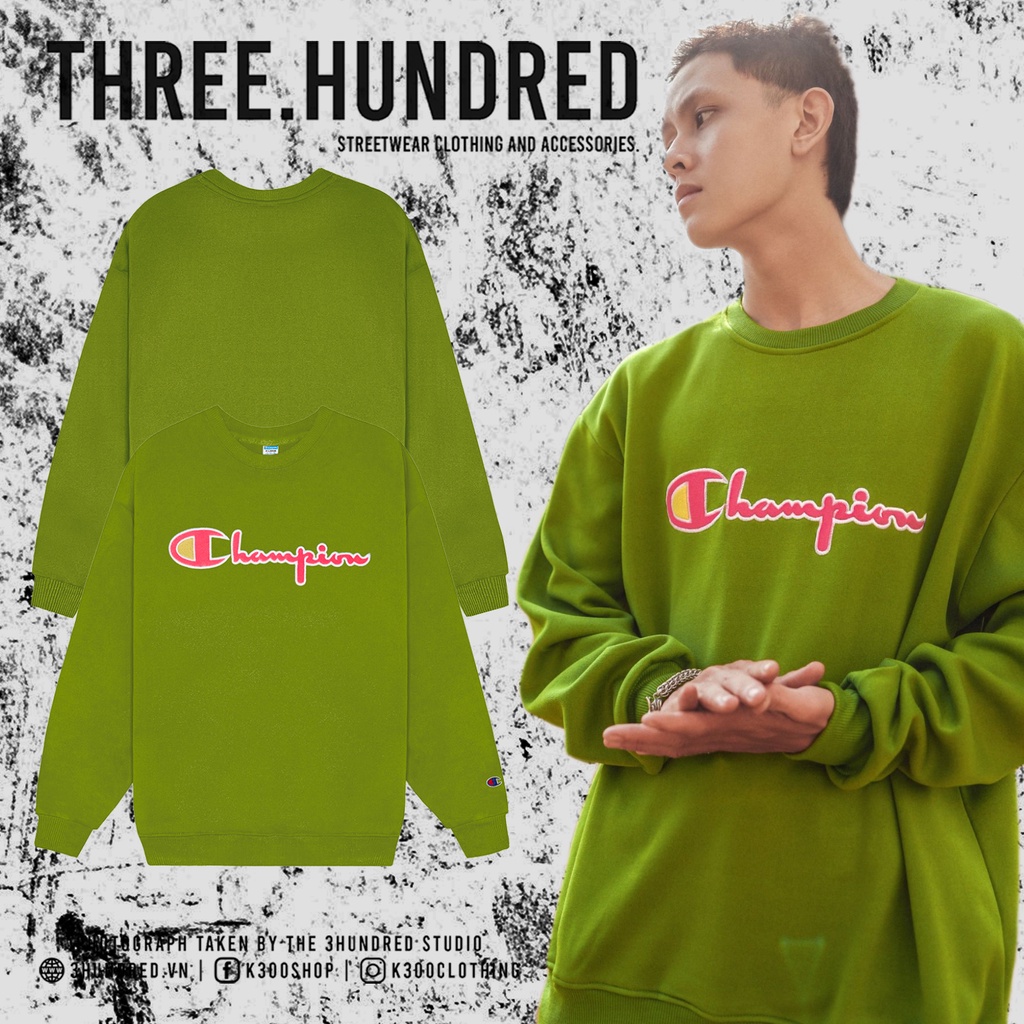 Áo Tay Dài Sweater Logo Thêu Chữ Champion To sắc nét Chất Liệu Cotton Màu Xanh Lá