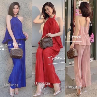 Set dập li áo kiểu yếm hở lưng + quần dài ống suông