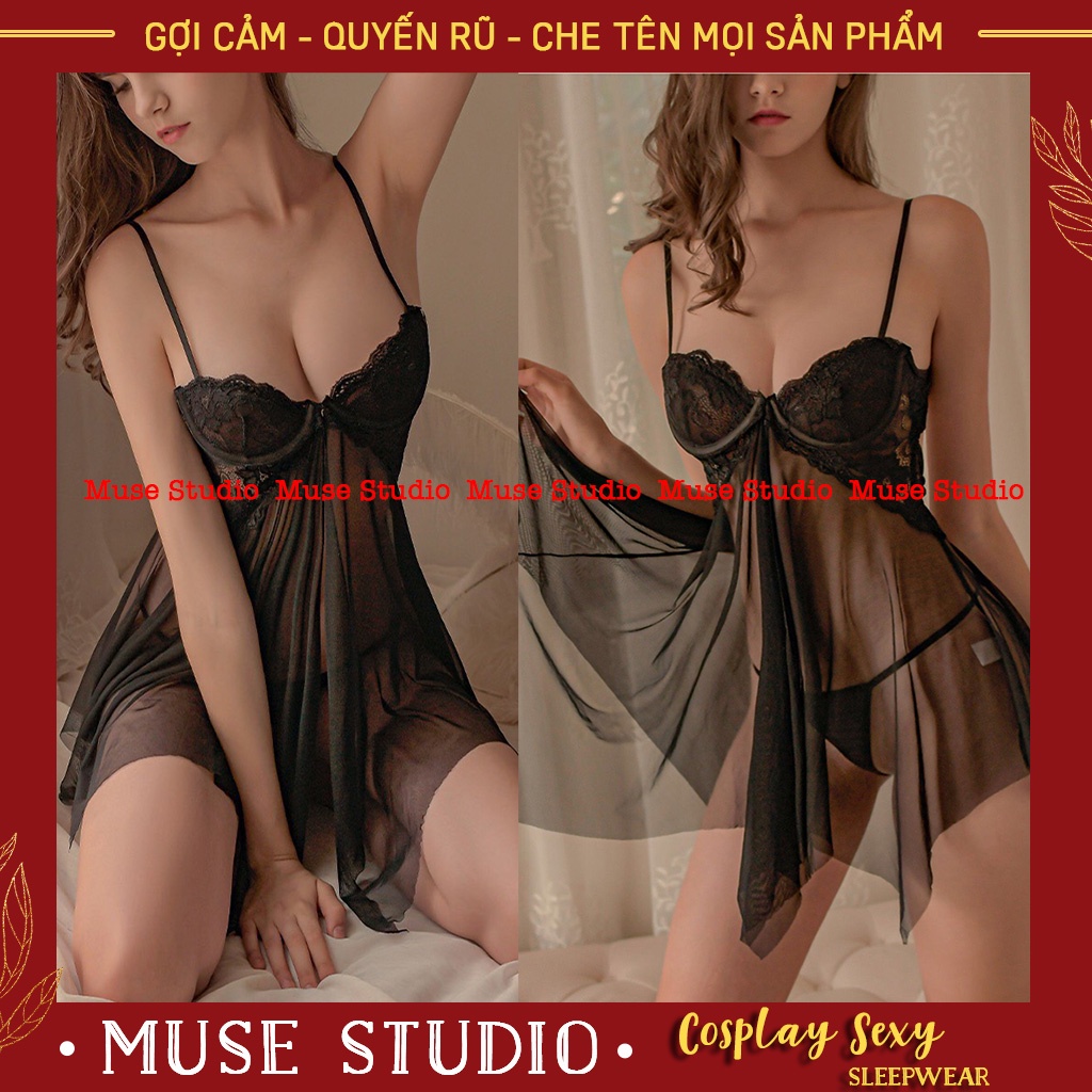 Váy ngủ sexy, đầm ngủ gợi cảm voan mỏng phối ren có gọng mở ngực trước quyến rũ