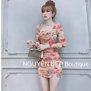 Váy đầm nữ body họa tiết tay dài nhún thân HT80 AM
